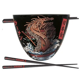 Pyramid International Ilustrata - Set di ciotole per ramen con bacchette (motivo drago), in confezione regalo, prodotto ufficiale, rosso