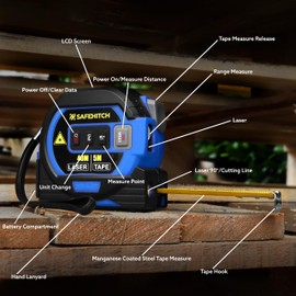 SAFEHITCH - 3 In One Tape Measure - Laser measure - Vertical Cross Line - Digital Laser Distance Meters - LCD Display - 40M Laser Measure - 5M Tape Measure Blue Version (Laser Tape Measure Blue)
