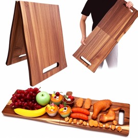 Large Charcuterie Board with Handles – 33 x 12 Inch Extra Large Acacia Wood Foldable Long Serving Tray – Portable Big Cheese Board and Long Cutting Board for Appetizers, Party, or Travel
