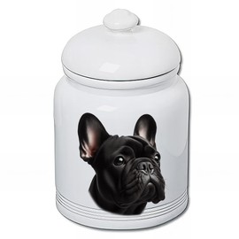 Best of Breed French Bulldog Black Dog and Cat Ceramic Treat Jar 9" Tall Air Tight Seal All White