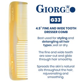 Giorgio G33 Fine Tooth and Wide Tooth Pocket Comb - Hair Styling Combs for Men and Women, Handmade Mustache and Beard Comb for Men for Grooming, Saw Cut and Hand Polished