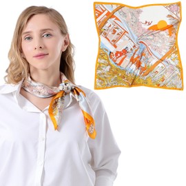 Bezioner Silk Scarf 100% Mulberry Silk Scarf Women's Silk Scarf Hair 68 x 68 cm Bandana Neckerchief Square Head Scarf Girls, Orange/Yellow/Blue