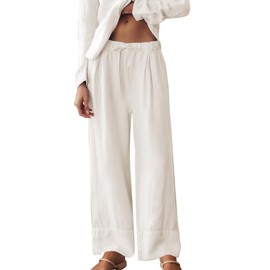 Ainangua Women Linen Palazzo Pants Casual Elasticated Drawstring Waist Wide Leg Trousers Trendy Beach Travel Outfits(Apricot,S)