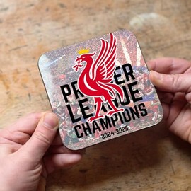 Liverpool inspired Football League Champions 2024-2025 Wooden Drinks Tea Coffee Work Office Coaster, Red & Black Design Fan Gift
