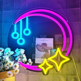 POYFECA Moon Star Neon Sign Wall Mirror, USB Powered Purple 3D Art Lights Wall Decoration, LED Cosmetic Mirror, 13.38 “x13.38” Mirror with Lights, for Women JM-30