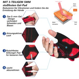 Moreok Cycling Gloves for Men and Women, 5 mm SBR Gel Shock-Absorbing Half Finger Breathable Non-Slip Cycling Gloves MTB Gloves, red, xxl