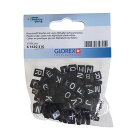 GLOREX 6 1630 310 - Plastic Dice, 110 Pieces, with Hole and Letters, Assorted Black and White, Ideal for Designing Jewellery, Bracelets, Necklaces, Accessories and Decoration
