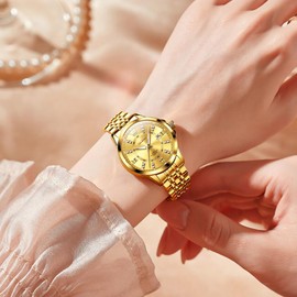 OLEVS Gold Watches for Women Luxury Diamond Stainless Steel Waterproof Small Ladies Wristwatch Analog Calendar Watches for Female Reloj para Mujer