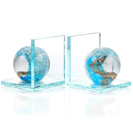 Book Ends for Shelves, Glass Bookends with Light Blue Glass Hand Blown Sea Wave Ball, Non Skid Sturdy Decorative Bookends for Ocean Lovers, Heavy Books, Office, Set of 2