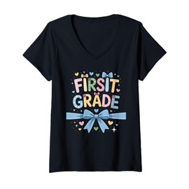 Womens Cute Floral Preppy First Grade Back To School Teacher Girl V-Neck T-Shirt