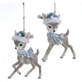 Kurt Adler Set/2 Gray Reindeers with Santa Hats Christmas Tree Ornaments Decor