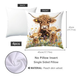 SEVENWELL Highland Cow Cushion Cover 45x45cm Set of 4 Scottish Cow Pillow Cover for Women Pillow Cover Animal Outdoor Flower Throw Pillow Case Decor Home Livingroom Couch Sofa