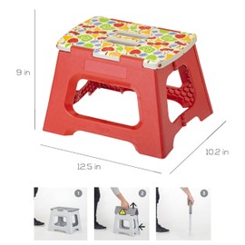 Vigar Compact Kid's Foldable Stool, 9 inches, Lightweight, 330-pound Capacity Non-Slip Folding Step Stool, Fruits