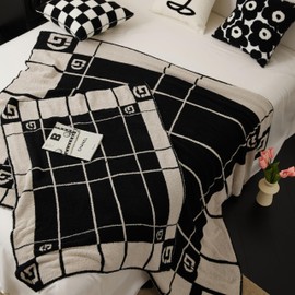 Cozy Soft Warm Throw Blanket Knit Blanket Checkered Reversible Living Room or Bedroom Travel Decor Ideal(Black,51"x63")