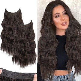 2 Piezas Extensiones de Cabello Ondulado 18 Pulgadas, 3/4 Cabeza Completa Ondulada Extensiones Cabello con Clip Seguros Extraíbles, Tamaño Ajustable, Resistente al Calor Extraíbles y Reutilizables (Castaño Negro)