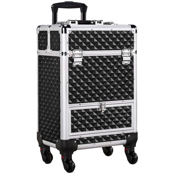 Rolling Makeup Train Case Aluminum Cosmetic Case Trolley with Drawer Lock Black