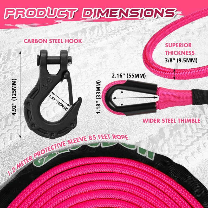 STEGODON Synthetic Winch Rope, 3/8'' x 85ft 25,000LBS Double Braided