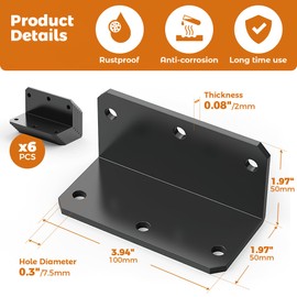 Wuno Shop 2"x4" Galvanized Corner Brace, 90 Degree Angle Iron Brackets with Holes, Metal Joint Bracket, Heavy Duty Right Angle Bracket for Wood Furniture, Raised Garden Bed Corner Brackets-black-6 pcs