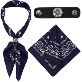 Yearntown Bandanas Scarf with Leather Ring Floral Buckle Paisley Bandana Headwear Western Scarf Gifts for Women Men Halloween(Navy Blue,1 Pack)