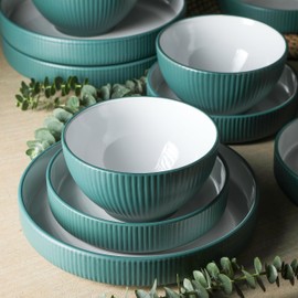 Christian Siriano Larosso 24-Piece Dinnerware Set with Dinner Bowls and Pasta Bowls, Stoneware, Green