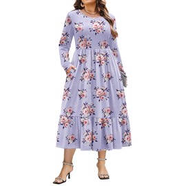IN'VOLAND Plus Size Dresses 2025 Floral Crew Neck Long Sleeve Beach Long Maxi Dress with Pockets