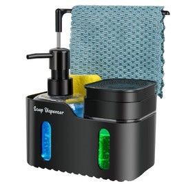 Hand Soap and Dish Soap Dispenser Set for Kitchen │ Dual Soap Dispenser with Sponge Holder and Dishcloth Holder 4-in-1 Organizer for Kitchen Sink Countertop │ Useful Kitchen Gadgets │ Black