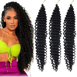 Braiding Hair Black 28 Inch 3 Bundles Deep Wave Bulk Hair Extensions for Boho Braids Ocean Wave Crochet Hair Extensions for Braiding Curly Synthetic Braids Hair