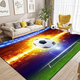 Dai Lufei Football Rug, Sports Area, Non-Slip Football Field Rug, Ice Fire, Printed Large Area Rugs, Teenager's Room, 3D Football with Flames, Printed Rugs, 80 x 120 cm
