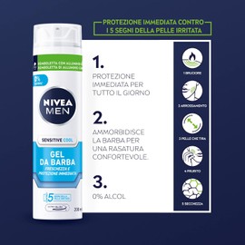 NIVEA MEN Sensitive Cool Shaving Gel in Pack of 3 x 200 ml, Beard Gel for Shaving Without Irritation or Redness, Extra Delicate Beard Shaving Gel with 0% Alcohol