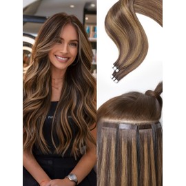 Frodio Tape in Hair Extensions Human Hair 14 Inch Remy Tape ins Human Hair Invisible Extensions Color Brown Highlight Fashion Extension Seamless Silky Straight Skin Weft 50Pcs 100G