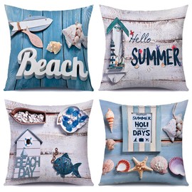 Artscope Cozy Cushion Covers, Pack of 4 Soft Velvet Summer on The Beach Print Pattern Decorative Throw Pillow Covers Cases for Sofa Couch Bedroom Living Room Home Decor 45x45CM