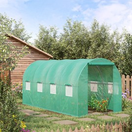 Outsunny 15' x 7' x 6.5' Walk-in Tunnel Hoop Greenhouse, Green House for Outside with PE Cover, Steel Frame, Roll-Up Zipper Door & Windows for Flowers, Vegetables, Tropical Plants, Green