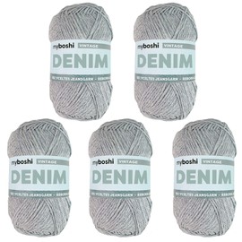 myboshi Denim, Vegan Denim Yarn, Recycled Cotton for Crochet and Knitting, 50% Recycled Denim, 50% Cotton (Organic), 50 g, Ll 135 m Light Blue (Vintage), 5 Balls