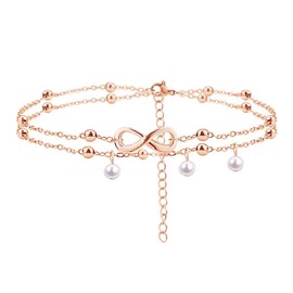 Jean Beau Rose Gold Infinity Beach Anklet bracelet for Women Teen Boho Waterproof Double Layered Dainty Adjustable Beads Chain Charm Ankle Pearl dangling foot Jewelry Gift