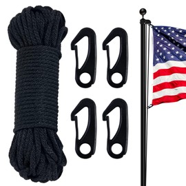NQ Flag Pole Rope Kit - 50 Feet x 1/4" Diameter Flag Pole Halyard Nylon Rope with 4 Pieces Flag Pole Hook Clips - Outdoor Flagpole Accessories, Rope for Clothesline, Swing, Camping (50FT, Black) | NQ