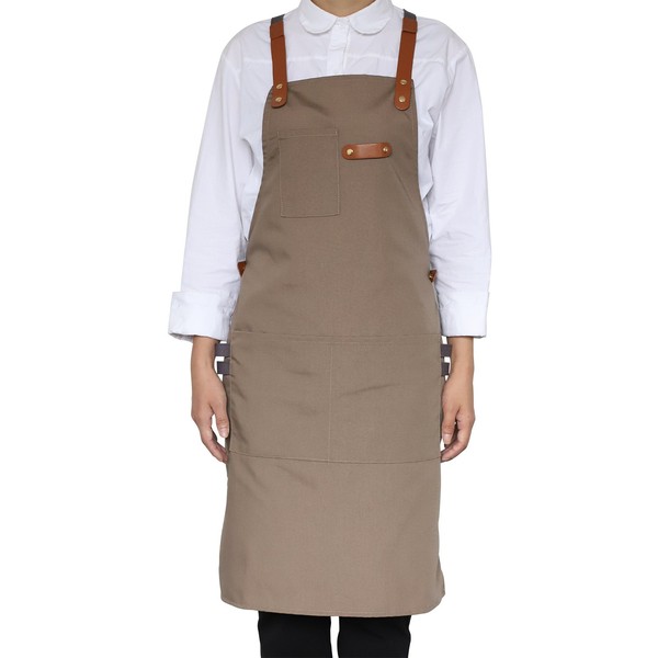 NEOVIVA Stylish Shop Apron for Women Men with Multi-Purpose Tool Pockets and Adjustable Cross-Back Straps, Functional Uniform Apron for Everyday Occasion (Indian Latte Tan)