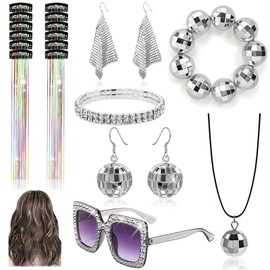 FIRSAUKI 70s Disco Jewelry Set for Women Disco Earrings Sequin Scarf Sunglasses Diamond Bracelet Headband Costume Jewelry FS