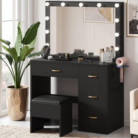 YITAHOME Vanity Mirror with Lights, Power Hub & Drawers, Vanity Desk Set for Dressing Room, Makeup Vanity with Stool