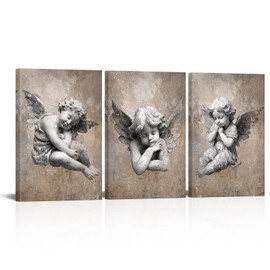 Biuteawal Angel Wall Art Cute Cherubs Picture Painting Vintage Brown Artwork Print Home Kids Bedroom Decor Framed