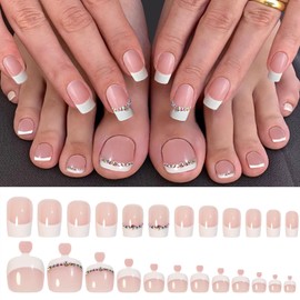 48 Pcs Press on Nails and Toenails Set French Tip Square Fake Nail Toenails White Medium Coffin Glossy False Nails Feet with Adhesive Jelly glue Nail File for Women and Girls（White French with rhinestone）