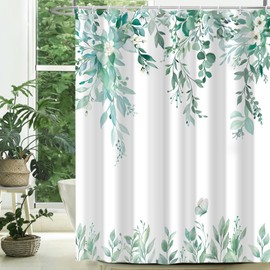 CTOTSYC Eucalyptus Shower Curtain, Teal Watercolor Leaves with Floral Botanical Bathroom Decor, Waterproof Fabric Bath Curtain Set with Hooks, 72x84 Inches