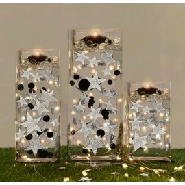 50 Floating Stars Glitter Silver-Fills 1 Gallon for Your Vases-Including Transparent Water Gels Kits for Floating Look-with 3 Warm White Submersible Fairy Lights-Stunning Vase Decorations