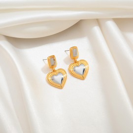 TOVABA Gold Heart Statement Earrings Simple Two Tone Earrings Dainty Gold and Silver Heart Earrings Valentine Earrings Gold Heart Dangle Earrings for Women