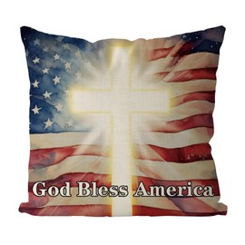 QIONG MENG 4th of July Pillow Cover 18x18 Inch God Bless America Flag Patriotic Throw Pillowcase Cross Religious Independence Memorial Day Pillow Case for Farmhouse Home Sofa Decorations