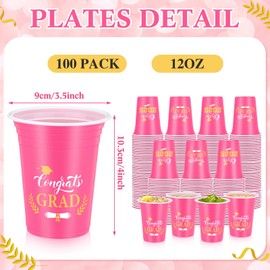 Funnymoom 100 Pcs Graduation Cups Class of 2025 Party Plastic Cups 12 oz Graduation Decorations Congrats Grad Disposable Tableware Hot Cold Drinks for School Supplies Festive Celebration(Pink)