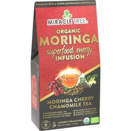 Miracle Tree's Moringa Energy Tea - Cherry Chamomile Tea | Super Caffeinated Blend | Healthy Coffee Alternative, Perfect for Focus | Organic Certified & Non-GMO | 16 Pyramid Sachets