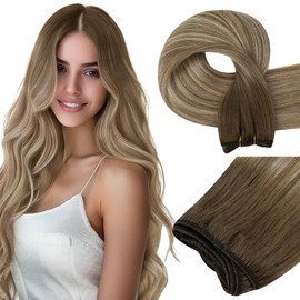 Easyouth Weft Hair Extensions Human Hair Balayage Weft Human Hair Extensions Chestnut Brown Fading To Platinum Blonde Mix Brown Soft and Smooth Human Hair Sew in Extension with no Shedding 22Inch 100G