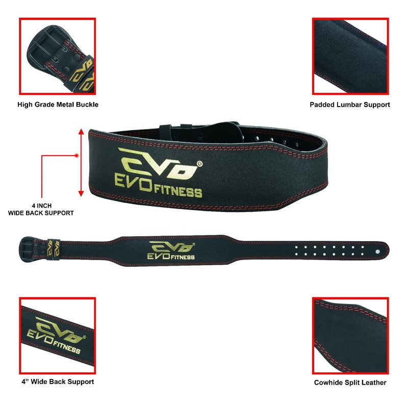 EVO Fitness 4" Pure Leather Gym Belts Weightlifting Straps Back