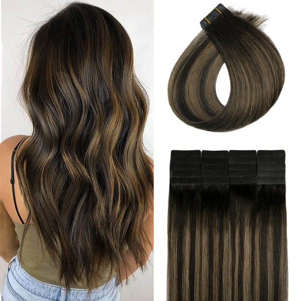 VARIO HAIR Tape In Hair Extensions, Natural Black to Chestnut Brown Highlight Black Piano Color 14 Inch 20pcs/30g Per Set Skin Weft Remy Silk Straight Hair Glue in Extensions Human Hair