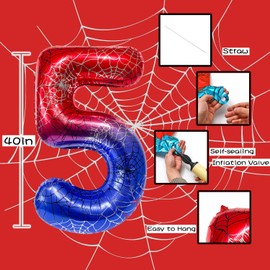 Spider Web 40Inch Foil Number Balloons Set 0-9 Includes Inflation Straws - Giant 7 Decor for Birthdays, Anniversary Party Arch Supplies (Spider, Number 5)